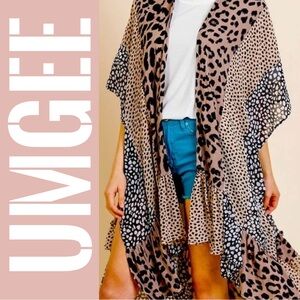 NWT Umgee Leopard Patchwork Kimono Boho Animal Print Ruffle Hem Duster Sm/Med